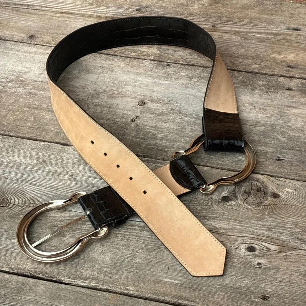 Cache Belt 40' Croc Embossed Patent Leather Wide Black L Horseshoe Buckle 7227